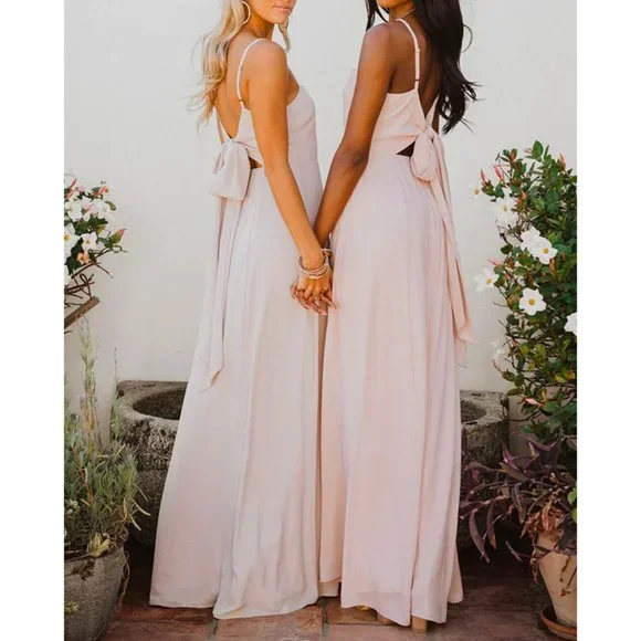 Show Me Your Mumu Lauren Tie Back Dove Grey Chiffon Bridesmaid Maxi Dress - Picture 15 of 16